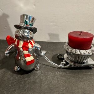 Lenox Yuletide Snowman With Sleigh  Votive Holder Silver Colored Metal